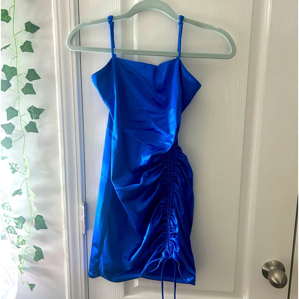 Windsor Satin Royal Blue cocktail dress with drawstring side/adjustable straps.